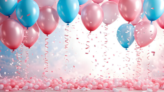 Pink and blue balloons and confetti background with copy space for festive gender reveal party or baby shower backdrop

