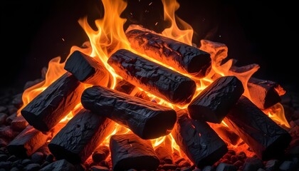 Fire blazing with coals in darkness background