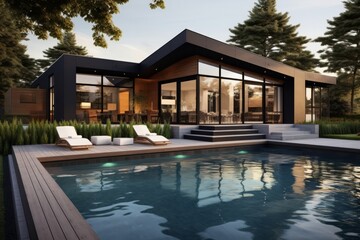 Fototapeta premium Modern house with a minimalist exterior and a swimming pool in the middle of a forest 