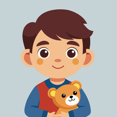 A little boy holds a toy bear in his hands. The baby smiles and hugs the toy. Vector illustration. Design element on a children's theme