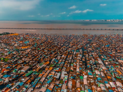 Aerial view of a slum along the coastline, Makoko Community residential area, Lagos, Nigeria.