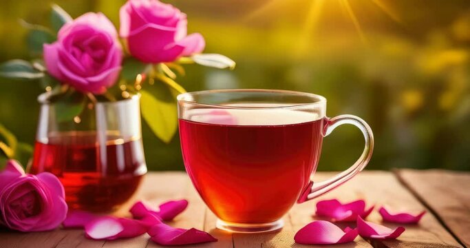 Rose tea in glass cup on wooden surface, bouquet of pink roses and petals on sunset, nature background. Healthy summer soothing and relaxation drink