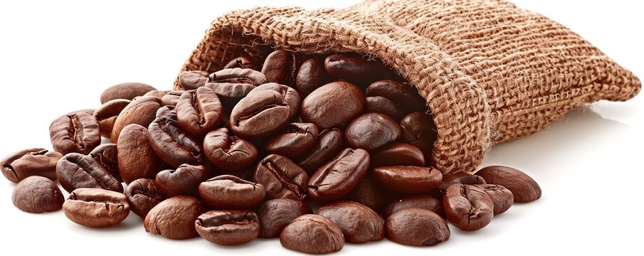 A number of dark brown coffee beans in a brown burlap bag spill over a white background