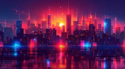 Illustrate a futuristic cityscape with abstract shapes and neon lights, emphasizing innovation and technology in urban environments. Illustration, Image, , Minimalism,