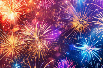 Naklejka premium A vibrant display of colorful fireworks lighting up the night sky, creating an enchanting and festive atmosphere for New Year's celebrations.