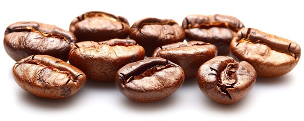 Obraz premium A number of dark brown coffee beans on a white background