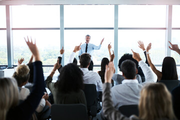 Presentation, conference and leader with question from audience for workshop, meeting and speech....