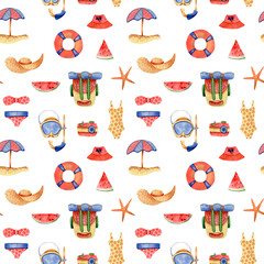 Hello summer weekends background. Seamless watercolor pattern with swimming mask, , camping backpack, sea star, photo camera, watermelon, beach umbrella, swim suits, cartoon illustrations