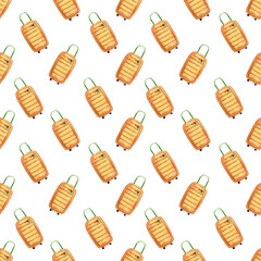 Summer suitcase background. Seamless watercolor pattern with yellow suitcase cartoon illustrations for vacation theme textile, fabric, wallpapers
