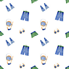 Swimming accessories background. Seamless watercolor pattern with diving mask, swimming trunks, sunglasses, flippers cartoon illustrations for textile, fabric, wallpapers © Hanna