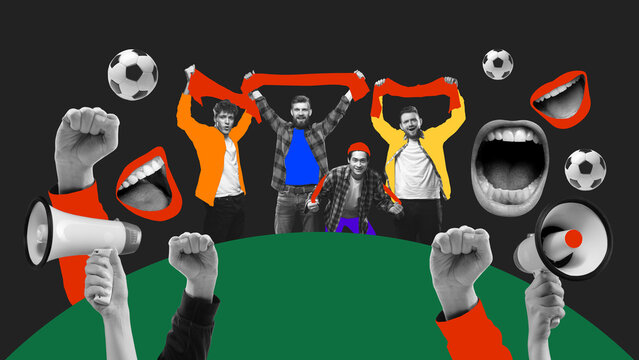 Group of active men, fans with scarves cheer energetically, surrounded by megaphones, fists, soccer balls, and shouting mouths, against dark background. Contemporary art. Sport, event, competition