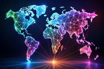 Vibrant Geometric Digital World Map with Neon Glowing Lines Representing Connectivity and Global Network