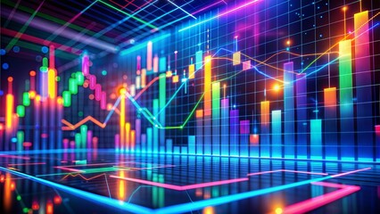 Futuristic neon financial graphs and vibrant abstract geometric shapes create a dynamic portrayal of data analytics.  Grid background and colorful lines emphasize technology and finance industry