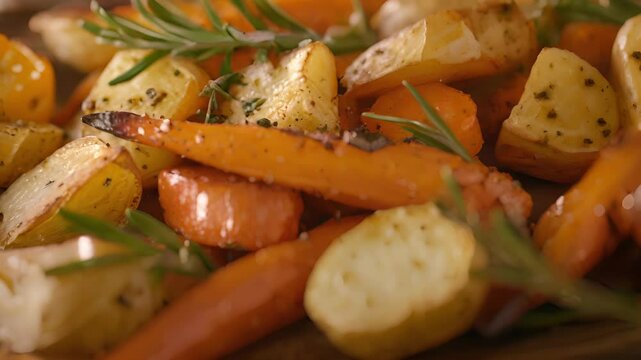 A platter of roasted root vegetables including foraged tur pars and carrots seasoned with fragrant sprigs of rosemary and thyme.