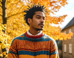 Portrait of a man with short dreadlocks and wearing a colorful striped sweater. Outdoors at the park during autumn season. 