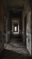 Fototapeta premium Abandoned Dark Hallway in Dilapidated Building