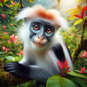 Portrait of a red-shanked douc langur in the rainforest