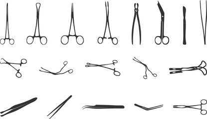 Surgical instruments silhouette, Surgical forceps silhouette, Surgeon instruments silhouettes, Medical forceps silhouette, Surgical instruments svg, Surgical forceps svg, Surgeon instruments svg.