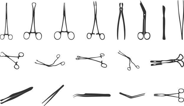 Surgical instruments silhouette, Surgical forceps silhouette, Surgeon instruments silhouettes, Medical forceps silhouette, Surgical instruments svg, Surgical forceps svg, Surgeon instruments svg.