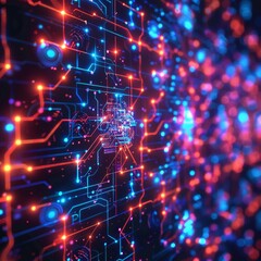 Obraz premium Futuristic Holographic Neural Networks Display Board with Blue Neon Glow