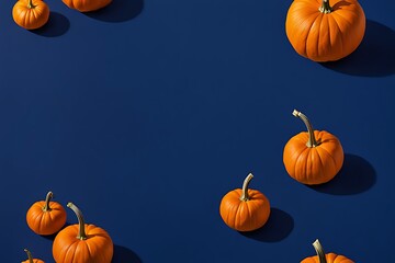 Top view of orange pumpkins on dark blue indigo surface. Minimalist composition with copy space. Seasonal and agricultural themes. Autumn decoration. Halloween and Thanksgiving concept