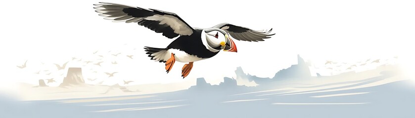 Fototapeta premium Puffin in Flight Over a Rocky Coastline