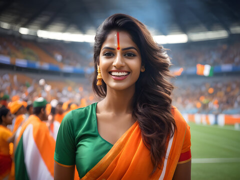 Happy Indian woman supporter with face painted in India flag colors, green white and orange, female fan at a sports event such as cricket or field hockey match, blurry stadium background, copy space 
 - Powered by Adobe
