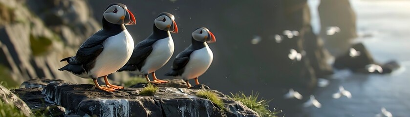 Three Puffins Perched on a Rocky Cliff