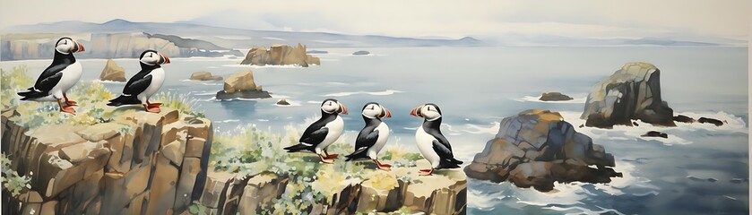 Obraz premium Puffins on a Rocky Coast