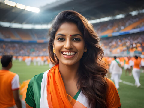 Happy Indian woman supporter with face painted in India flag colors, green white and orange, female fan at a sports event such as cricket or field hockey match, blurry stadium background, copy space 
 - Powered by Adobe