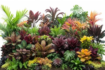 Lush vertical garden with diverse tropical plants, creating a vibrant and colorful wall of greenery