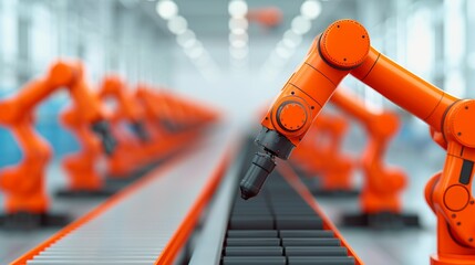 Design an industrial robot assembly line with mechanical precision and futuristic elements, showcasing the efficiency of automated manufacturing processes. Illustration, Image, , Minimalism,