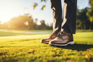 Man in brown golf shoes standing on green course at sunset. Wearing khaki pants and white shirt. Lush grass and setting sun in the background. Low angle view, vibrant colors