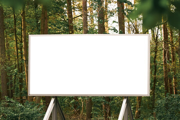 Blank billboard in tranquil forest ready for your advertisement