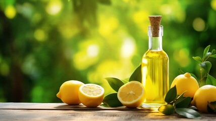 Lemon essential oil in a bottle on a wooden background. selective focus. Generative AI,