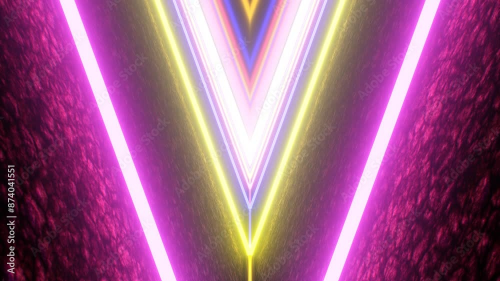 Wall mural v shaped neon angled line tubes endless 3d colorful tunnel glowing - 4k seamless vj loop motion back