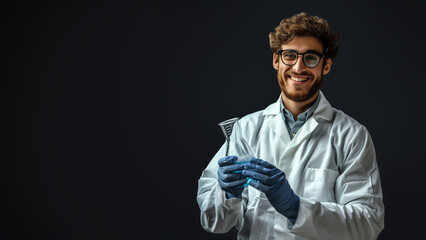 male scientist smiling holding test tube blue liquid lab coat isolated dark background
