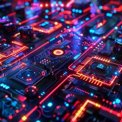 Obraz premium Cyberpunk Holographic Display of Interconnected Digital Systems with Vibrant Colors and Intricate Details