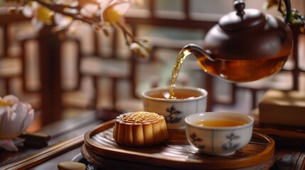 Traditional Mooncake with Tea for Commercial Food and Beverage Advertising