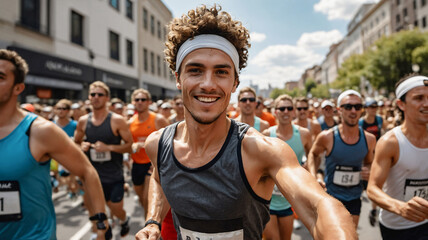Obraz premium Young man marathon runner is taking selfie while running with other runners in marathon race competition on the street in the city. Active lifestyle, jogging hobby