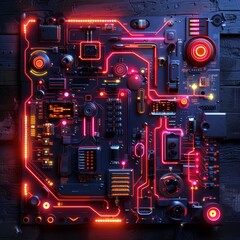 Futuristic Neon Glowing Digital Board with Sci-Fi Elements on Dark Background - High Detail Concept