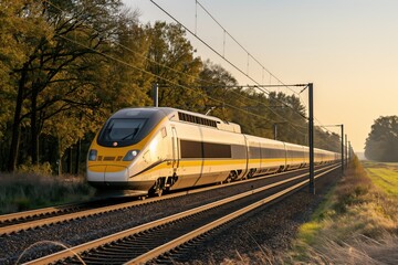 Fototapeta premium A modern high speed train in motion in Europe. Public transport and travel concept.