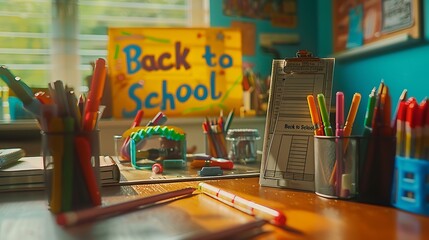 A tabletop arrangement with a ruler, markers, and a "Back to School" banner