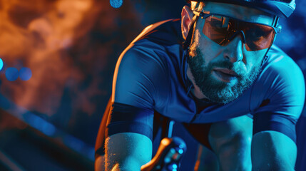 A cyclist riding road bike. He wears black shorts with blue accents on both sides along with an orange jersey