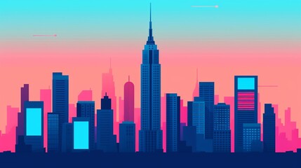 Obraz premium Illustrate a high-tech city skyline with futuristic skyscrapers and digital billboards, capturing the dynamic energy of urban life in a technologically advanced society. Illustration, Image, ,