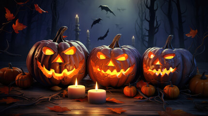 Halloween background with pumpkins and candles., generative ai