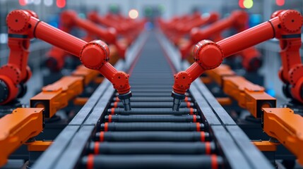 Design an industrial robot assembly line with mechanical precision and futuristic elements, showcasing the efficiency of automated manufacturing processes. Illustration, Image, , Minimalism,