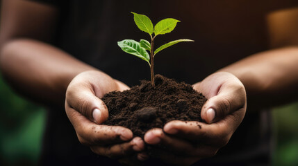 Hands holding green sapling with soil. Ecology concept., generative ai