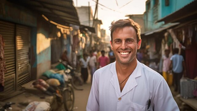 Doctor wearing uniform at slum, happy doctor with slum background	