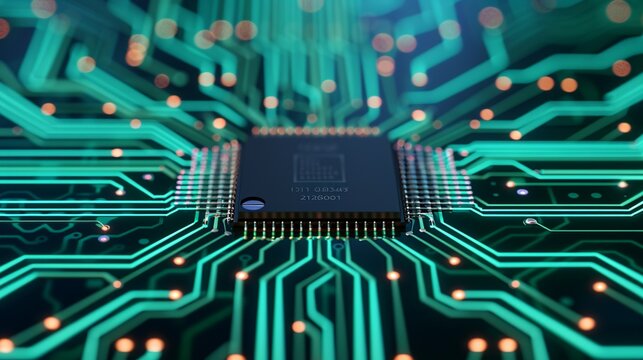 Illustrate a minimalist circuit board design symbolizing interconnected technology, showcasing the intricate pathways of digital communication and data flow. Illustration, Image, , Minimalism,